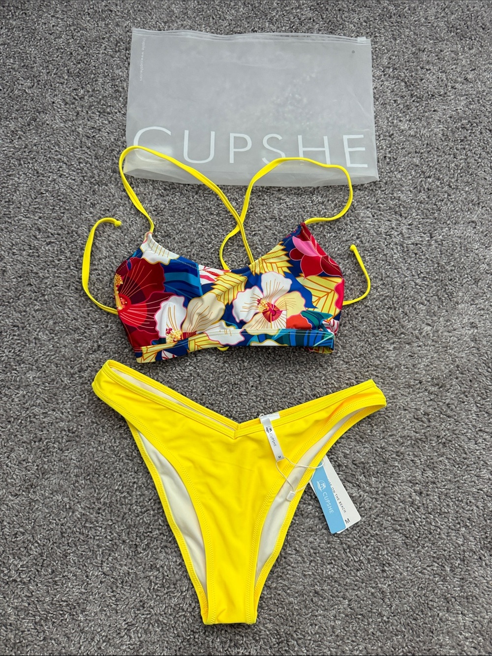 Cupshe Multicolor Floral Bikini Top with Bright Yellow Bottoms